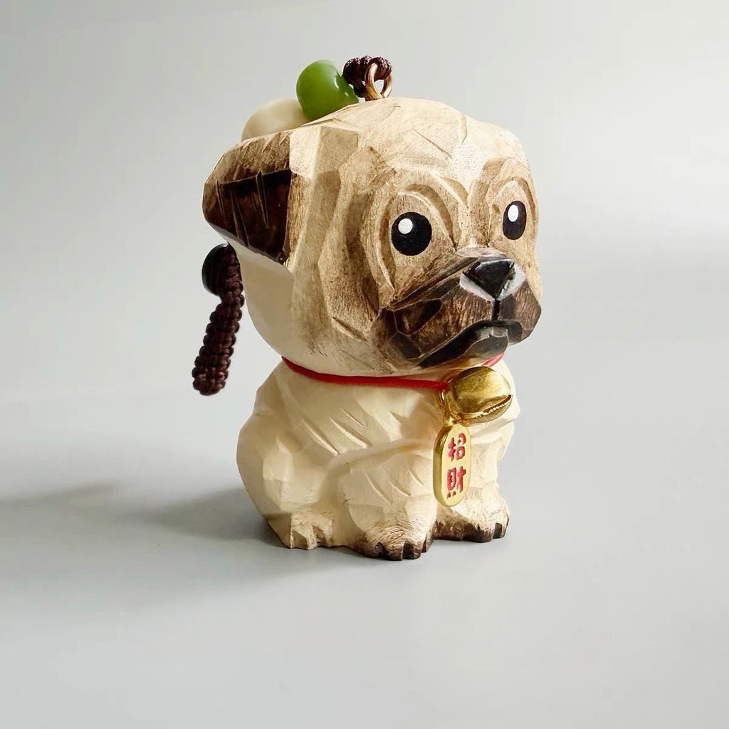 Hand Carved Wooden Pug Bag Charm, Handmade Pug Keychain, Wooden Dog Car Charm, Cute Backpack Charm, Dog Lover Gift, Lucky Hanging Ornament