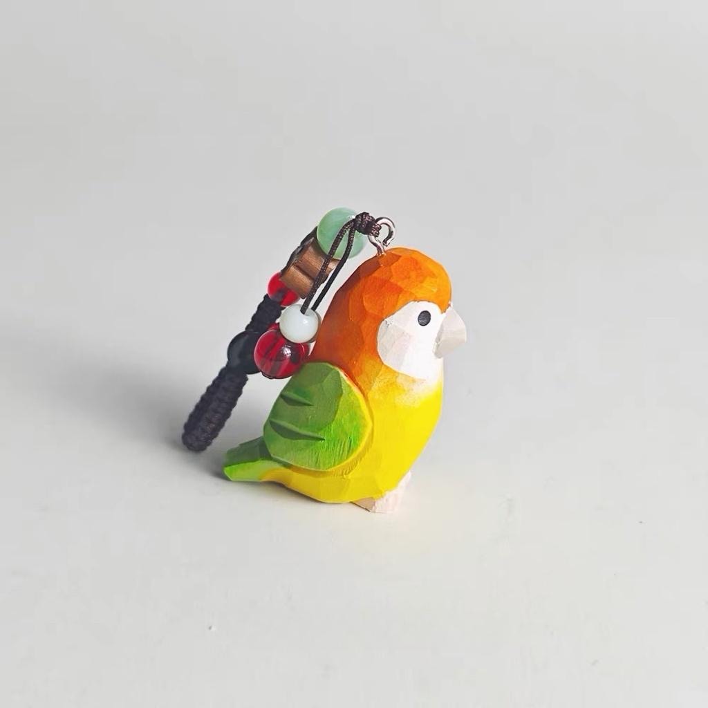 Hand Carved Wooden Lovebird Bag Charm, Orange Parrot Keychain, Car Mirror Charm, Backpack Charm, Bird Lover Gift