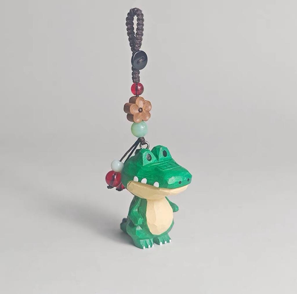 Hand Carved Wooden Crocodile Bag Charm, Green Alligator Keychain, Car Mirror Charm, Backpack Charm, Animal Lover Gift