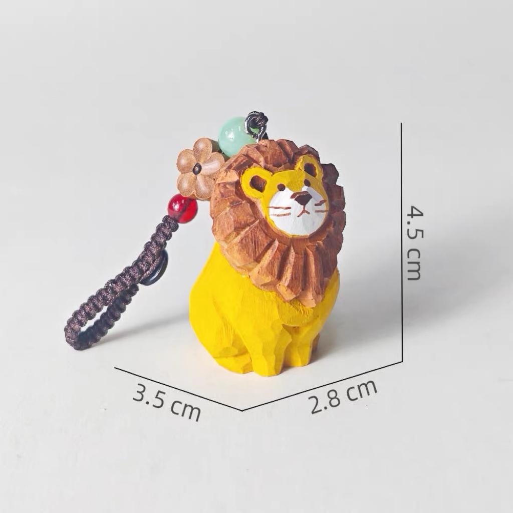 Hand Carved Wooden Lion Bag Charm, Cute Lion Keychain, Car Mirror Charm, Backpack Charm, Lion Lover Gift