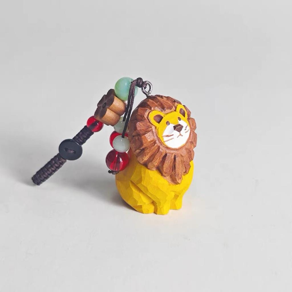Hand Carved Wooden Lion Bag Charm, Cute Lion Keychain, Car Mirror Charm, Backpack Charm, Lion Lover Gift