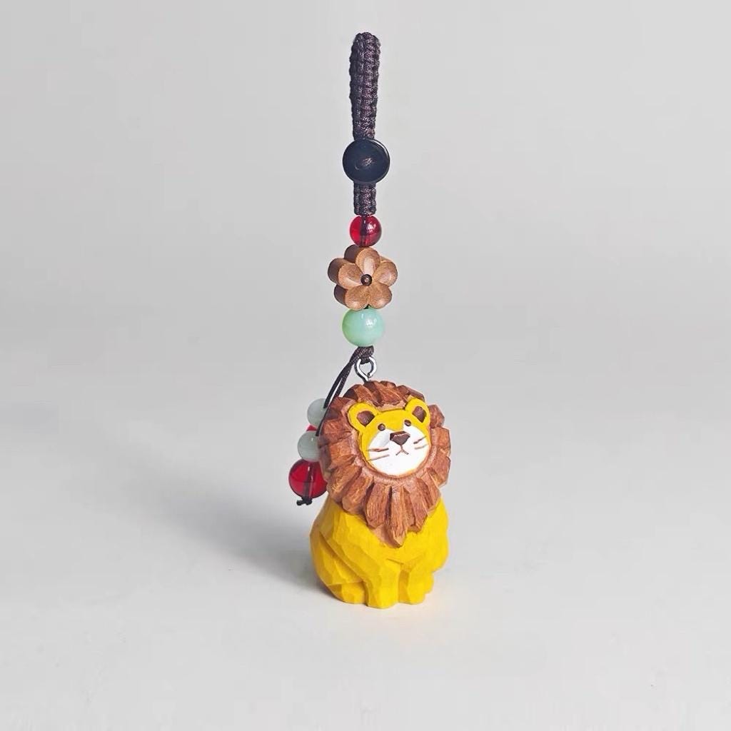 Hand Carved Wooden Lion Bag Charm, Cute Lion Keychain, Car Mirror Charm, Backpack Charm, Lion Lover Gift