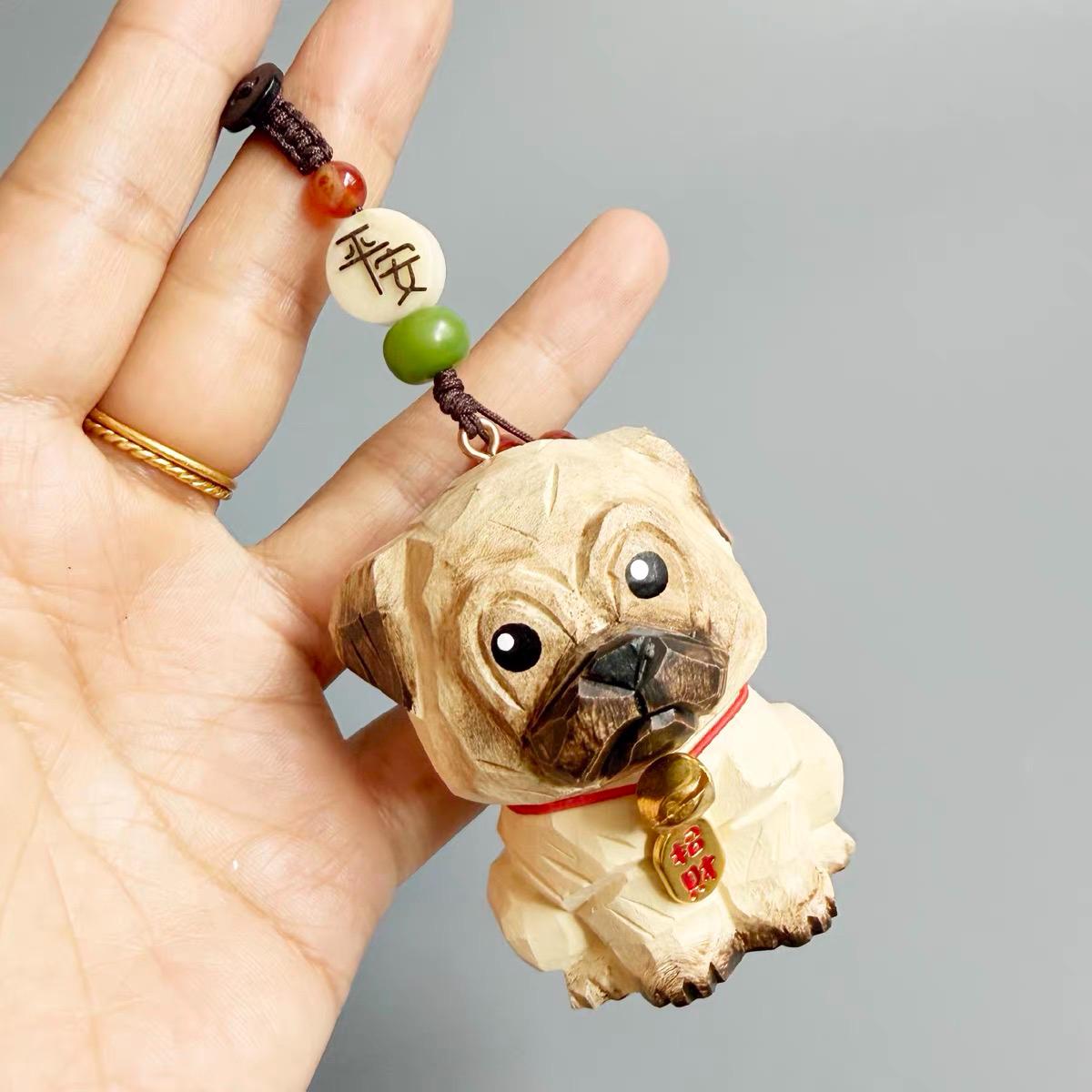 Hand Carved Wooden Pug Bag Charm, Handmade Pug Keychain, Wooden Dog Car Charm, Cute Backpack Charm, Dog Lover Gift, Lucky Hanging Ornament