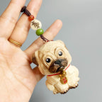 Hand Carved Wooden Pug Bag Charm, Handmade Pug Keychain, Wooden Dog Car Charm, Cute Backpack Charm, Dog Lover Gift, Lucky Hanging Ornament