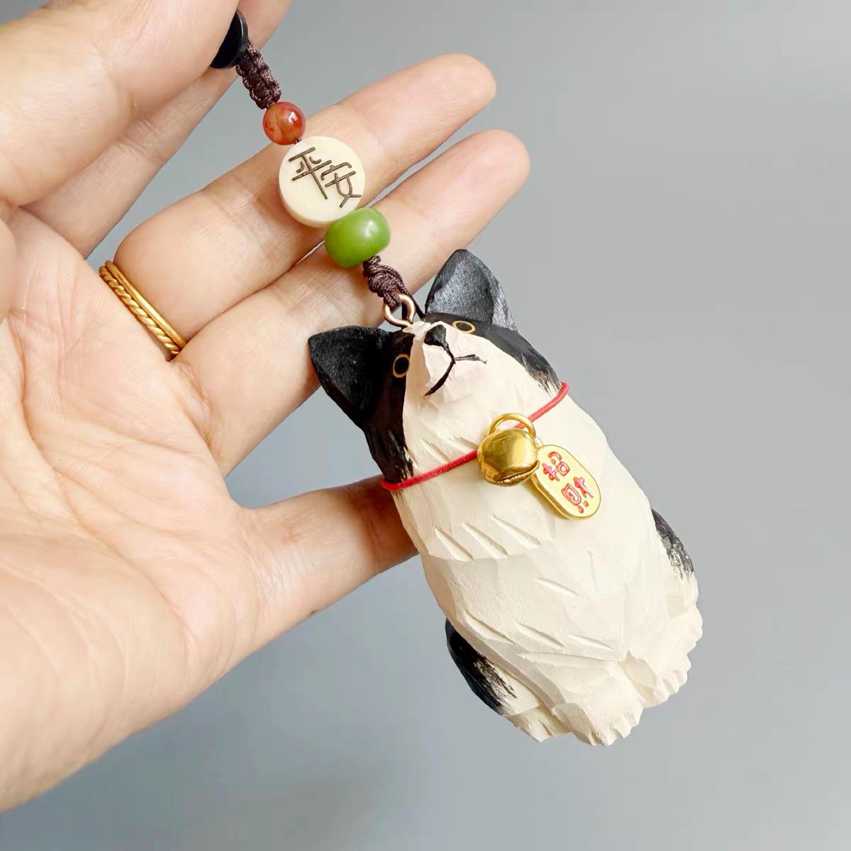 Hand Carved Wooden Border Collie Bag Charm, Black White Dog Keychain, Car Mirror Charm, Backpack Charm, Dog Lover Gift