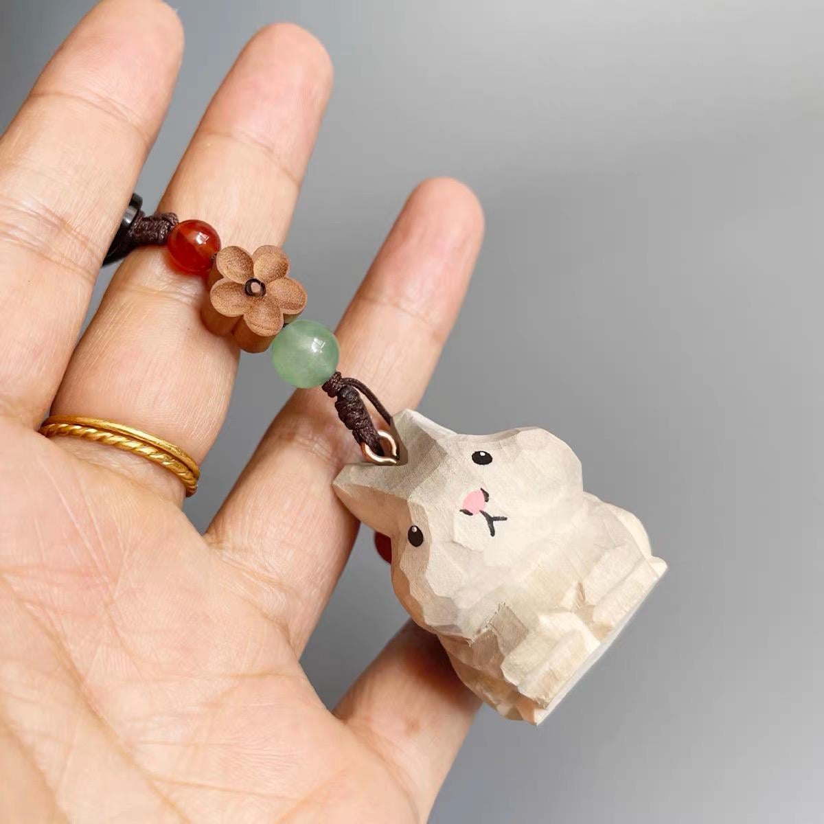 Hand Carved Wooden Gray Rabbit Bag Charm, Cute Bunny Keychain, Car Mirror Charm, Backpack Charm, Rabbit Lover Gift