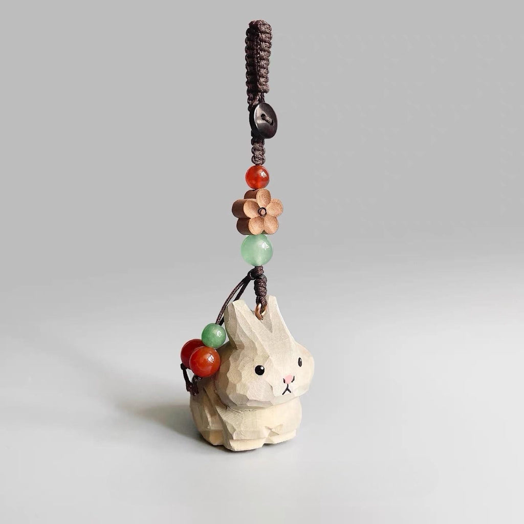 Hand Carved Wooden Gray Rabbit Bag Charm, Cute Bunny Keychain, Car Mirror Charm, Backpack Charm, Rabbit Lover Gift