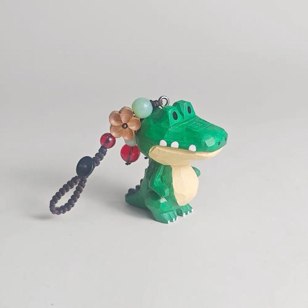 Hand Carved Wooden Crocodile Bag Charm, Green Alligator Keychain, Car Mirror Charm, Backpack Charm, Animal Lover Gift