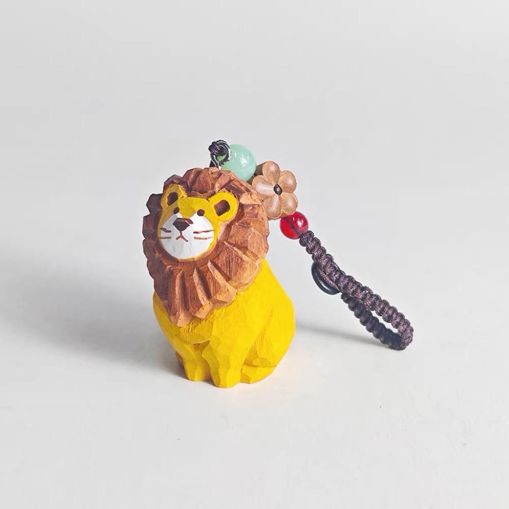 Hand Carved Wooden Lion Bag Charm, Cute Lion Keychain, Car Mirror Charm, Backpack Charm, Lion Lover Gift
