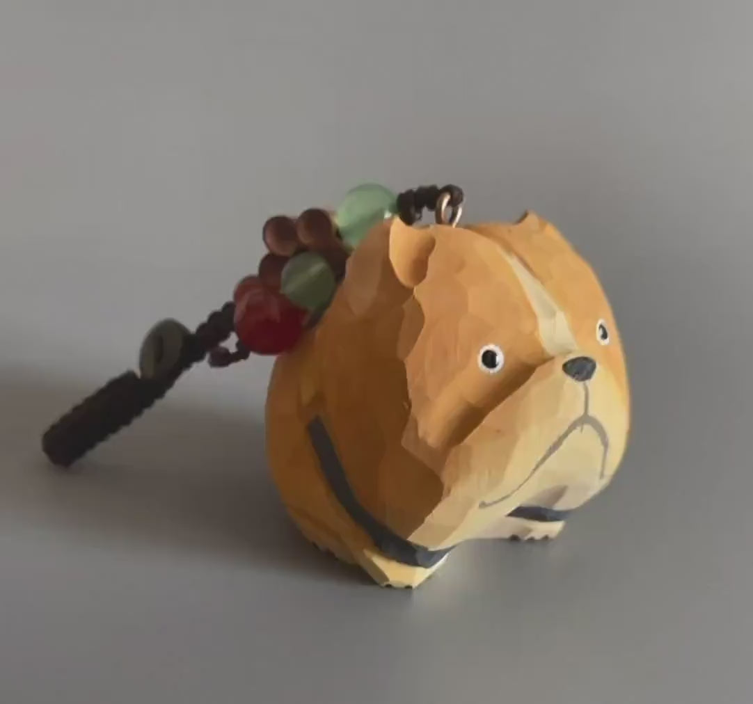 Hand Carved Wooden Bulldog Keychain, Cute Dog Bag Charm, Handmade Wood Animal Pendant, Car Mirror Hanging Decor, Gift for Dog Lovers