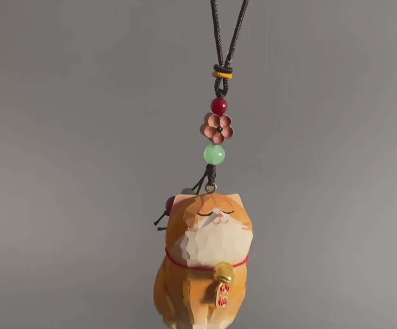 Japanese Hand Carved Lucky Cat Car Hanging Ornament, Wooden Rearview Mirror Charm, Feng Shui Car Charm, Cute Maneki Neko Car Decoration