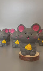 Lucky Mouse Wooden Figurine, Japanese Style Handcrafted Decor, Cute Mouse Holding Cheese, Handmade Desk Decor, Shelf Ornament, Animal Gift