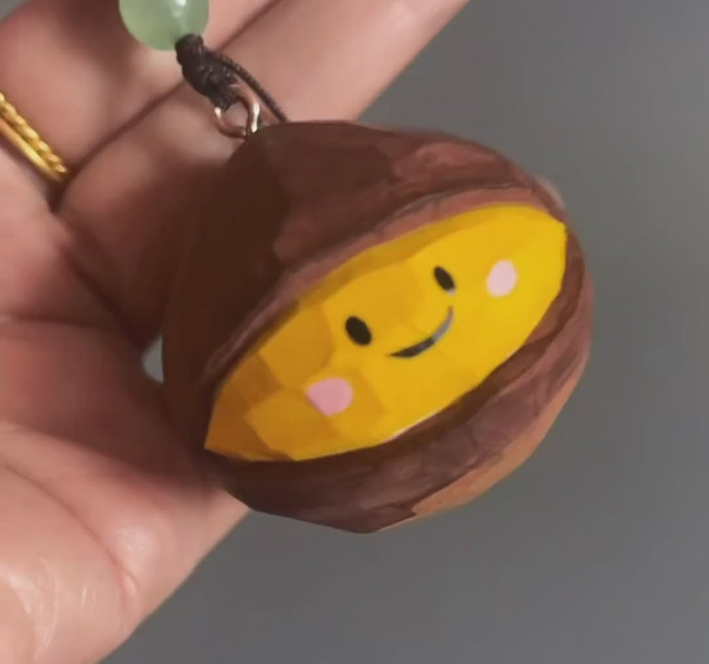 Japanese Style Wooden Chestnut Keychain, Hand Carved Lucky Chestnut Pendant, Cute Kuri Bag Charm, Handmade Good Luck Gift