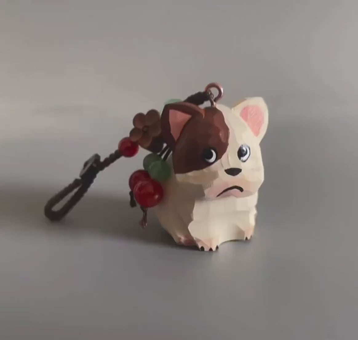 Japanese Style Miniature Wooden French Bulldog Keychain, Hand Carved Basswood Puppy Charm with Natural Crystal Beads, Cute Bag Charm Gift