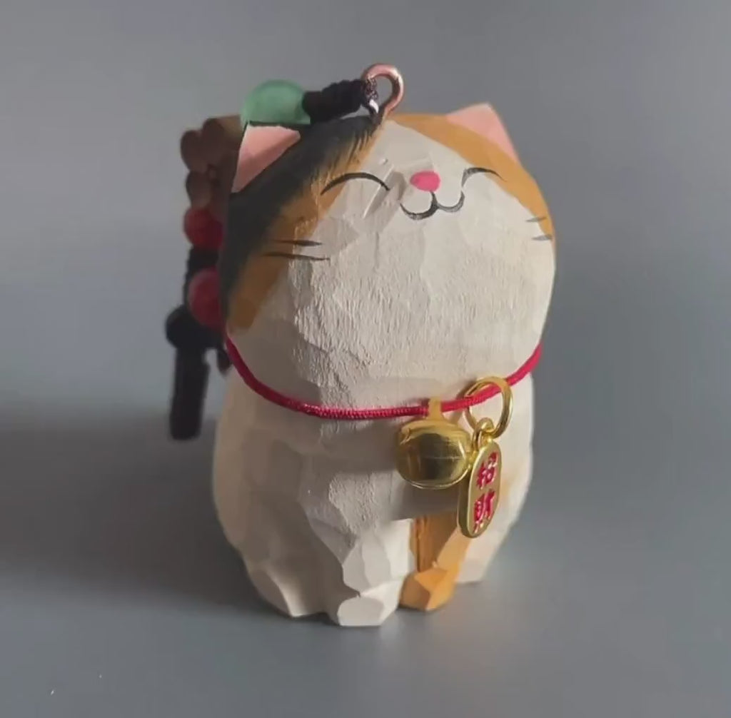 Japanese Style Wooden Lucky Calico Cat Keychain, Hand Carved Maneki Neko Pendant, Woven Three-Color Cat Bag Charm, Prosperity Gift Charm