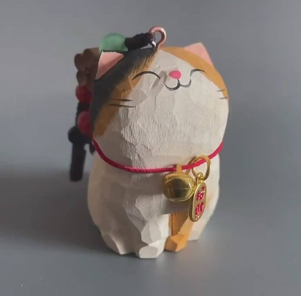 Japanese Style Wooden Lucky Calico Cat Keychain, Hand Carved Maneki Neko Pendant, Woven Three-Color Cat Bag Charm, Prosperity Gift Charm