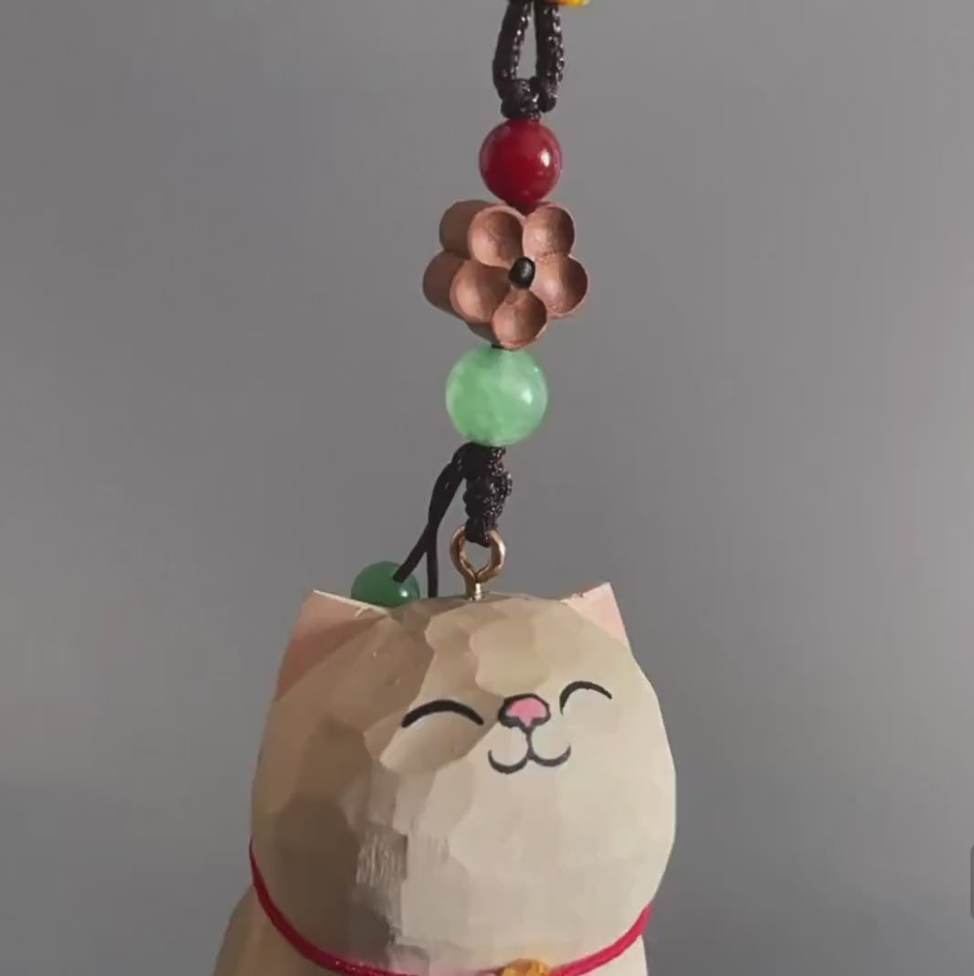 Japanese Style Lucky Maneki Neko Car Mirror Pendant, Hand Carved Wooden Cat Hanging Ornament, Good Luck Charm, Rearview Mirror Decor Gift