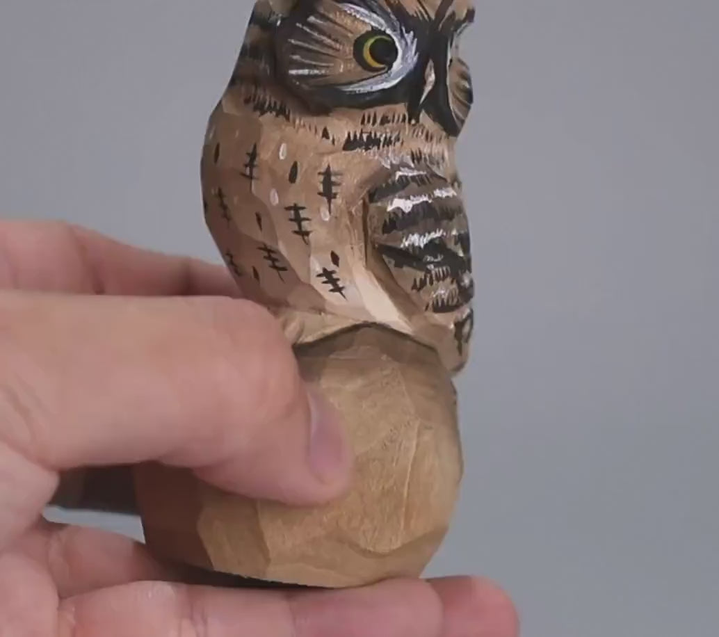 Hand Carved Wooden Owl Figurine, Hand Painted Owl Sculpture, Small Wood Animal Desk Decor, Rustic Woodland Ornament, Unique Handmade Gift
