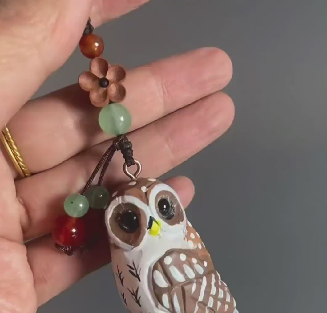 Handcrafted Wooden Owl Keychain, Cute Owl Bag Charm, Carved Wood Animal Key Ring, Funny Handmade Gift