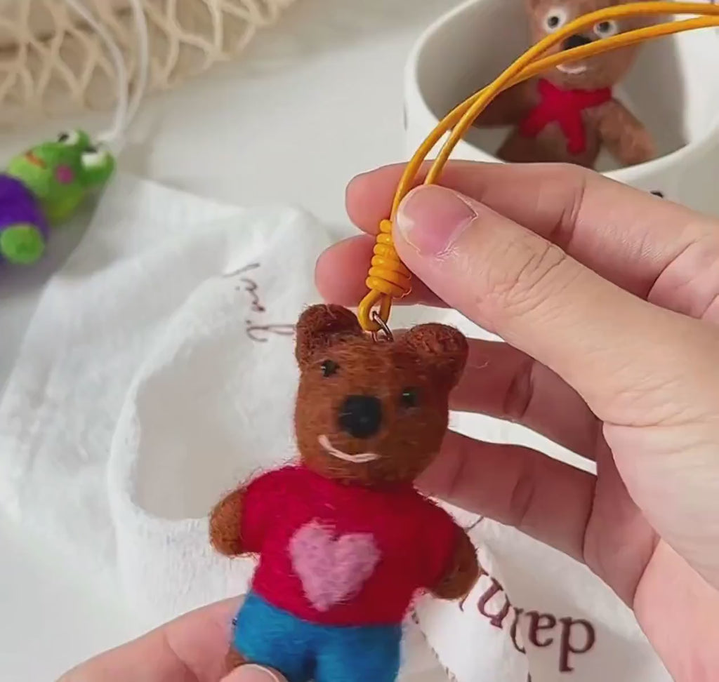 Handmade Wool Felt Bear Bag Charm, Mocha Bow Tie Teddy Keychain, Cute Animal Hanging Ornament, Red Cord Backpack Pendant, Lucky Gift