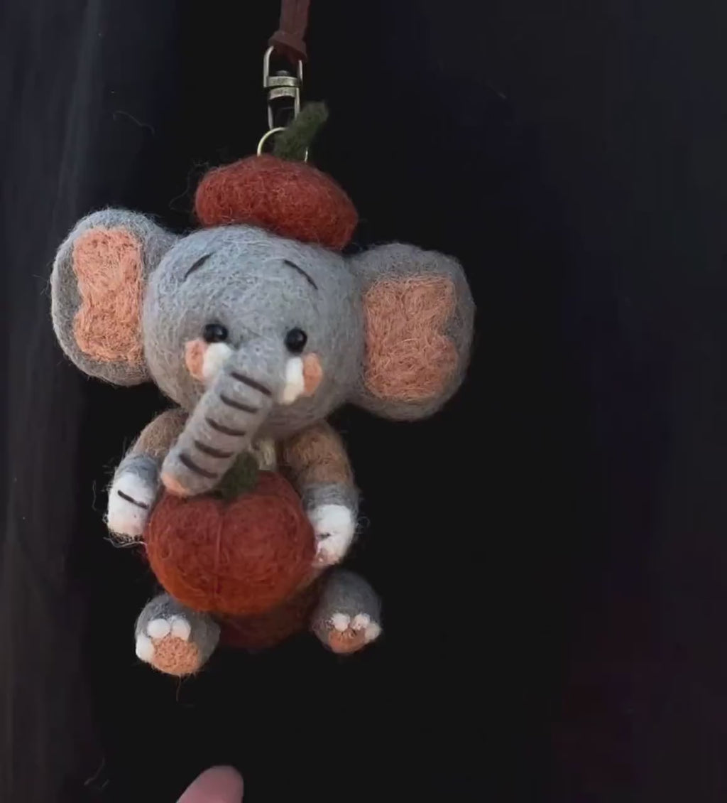 Handmade Felt Elephant Bag Charm, Cute Wool Elephant Keychain, Pumpkin Animal Backpack Charm, Soft Fall Ornament, Gift for Her