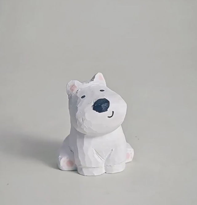 Hand Carved Wooden Westie Figurine – Minimalist White Puppy Sculpture, Handmade Desk Decor, Cute Animal Ornament, Gift for Dog Lovers, Art