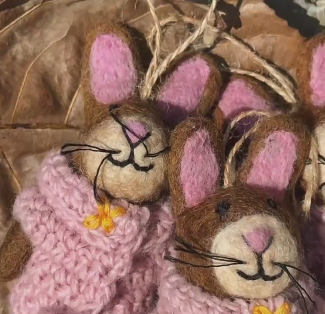 Handmade Wool Felt Bunny Bag Charm, Brown Rabbit Keychain Pendant, Pink Sweater Bunny Hanging Ornament, Cute Gift for Her