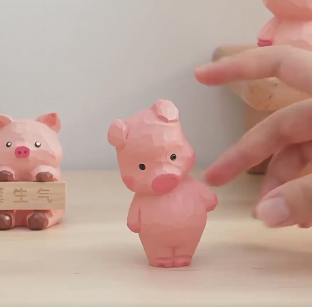 Hand Carved Japanese Style Wooden Pig Figurine, Cute Pink Basswood Animal Sculpture, Home & Office Desk Decor, Gift for Friends
