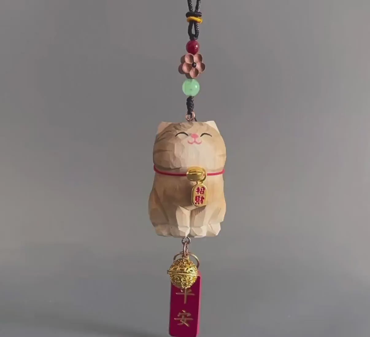 Hand Carved Lucky Cat Charm Wooden Hanging Ornament, Cute Fortune Cat Rearview Mirror Charm, Car Back Charm, Bag Charm, New Year Gift
