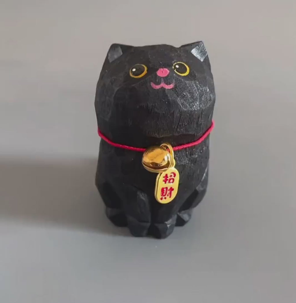 Black Cat Wooden Figurine, Handmade Lucky Cat Decor, Cute Wood Cat Statue, Desk Ornament, Car Decor, Cat Lover Gift