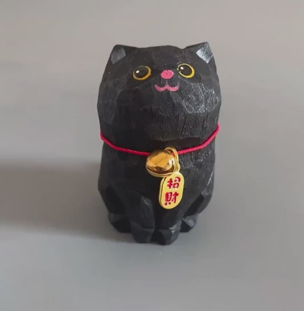 Black Cat Wooden Figurine, Handmade Lucky Cat Decor, Cute Wood Cat Statue, Desk Ornament, Car Decor, Cat Lover Gift