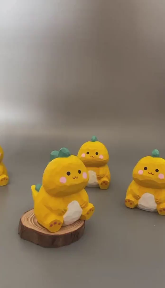 Lucky Dinosaur Wooden Figurine, Japanese Style Handcrafted Wood Carving, Cute Yellow Dino Desk Decor, Handmade Shelf Ornament, Wood Gift