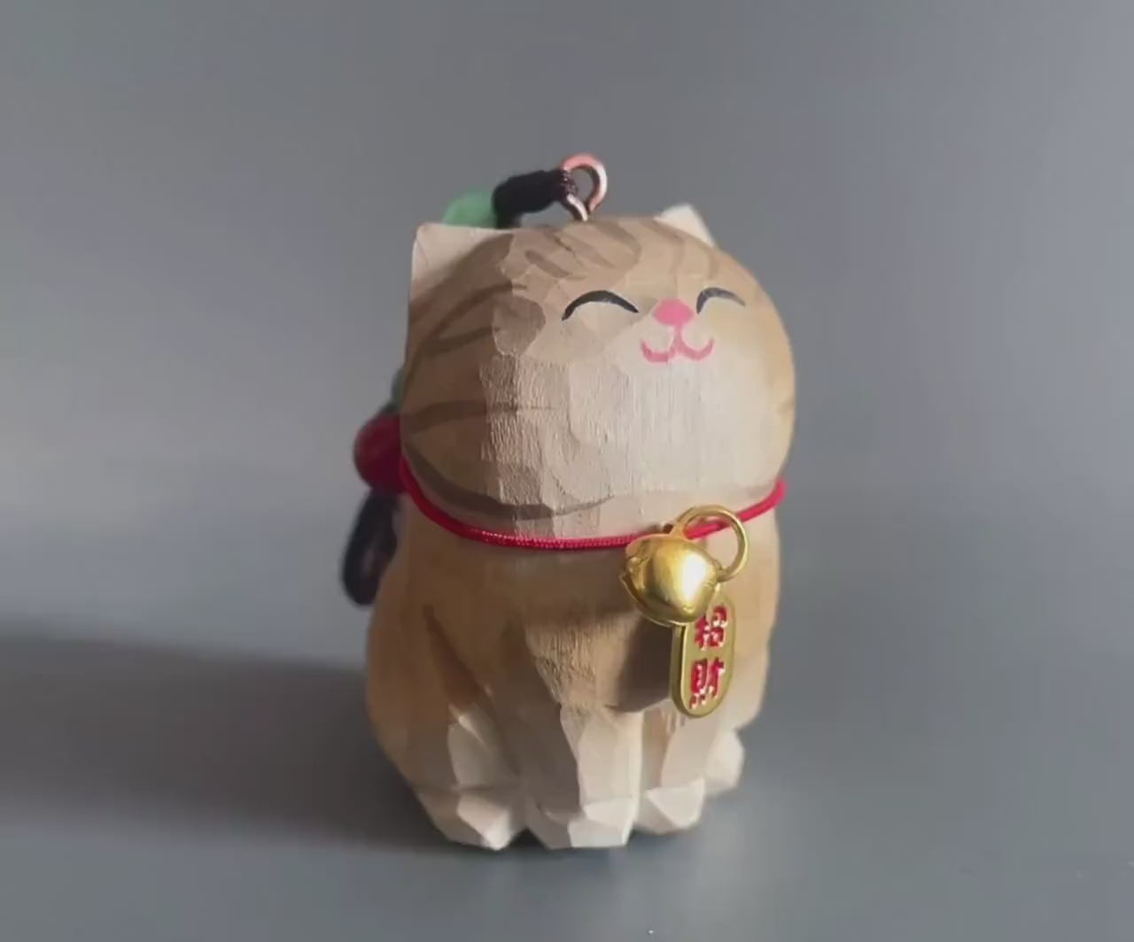Japanese Hand Carved Wooden Lucky Cat Keychain, Maneki Neko Bag Charm, Handmade Wood Phone Charm, Cute Key Ring, Lucky Cat Purse Charm Gift