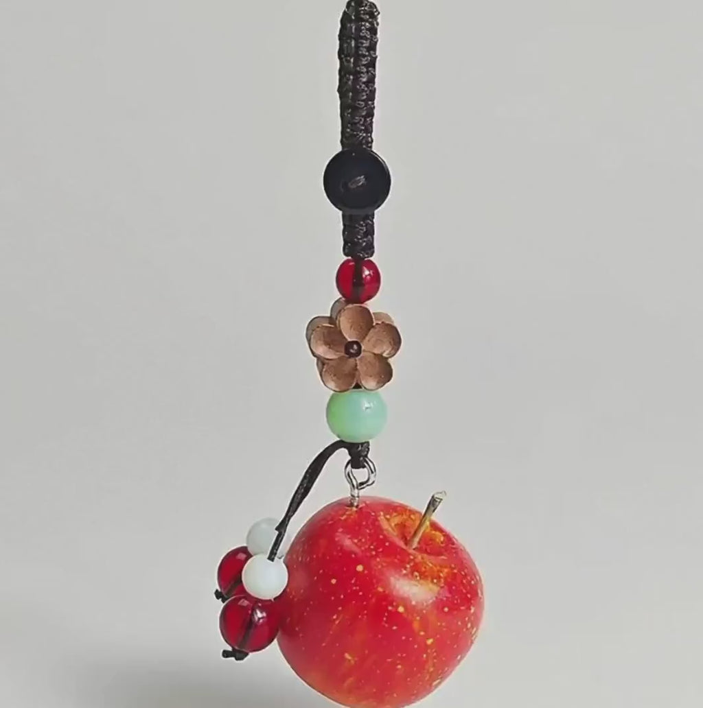Japanese Style Wooden Apple Keychain Pendant, Hand Carved Fruit Charm, Lucky Apple Bag Charm, Cute Kawaii Keychain, Gift for Her