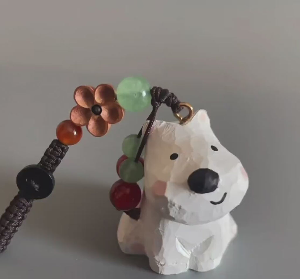 Japanese Style Wooden West Highland Terrier Keychain, Hand Carved White Dog Pendant, Cute Westie Dog Bag Charm, Mini Dog Figurine Gift