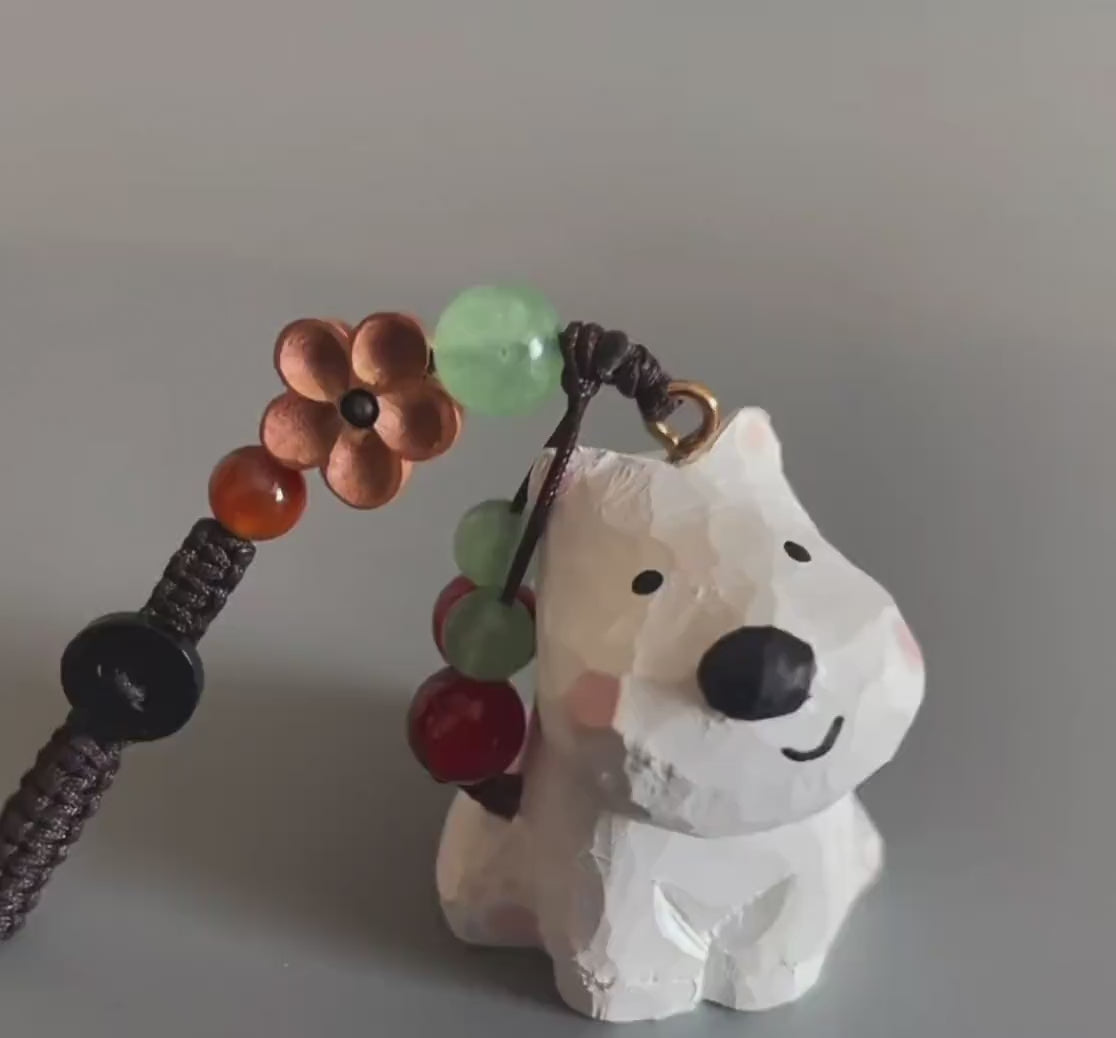 Japanese Style Wooden West Highland Terrier Keychain, Hand Carved White Dog Pendant, Cute Westie Dog Bag Charm, Mini Dog Figurine Gift