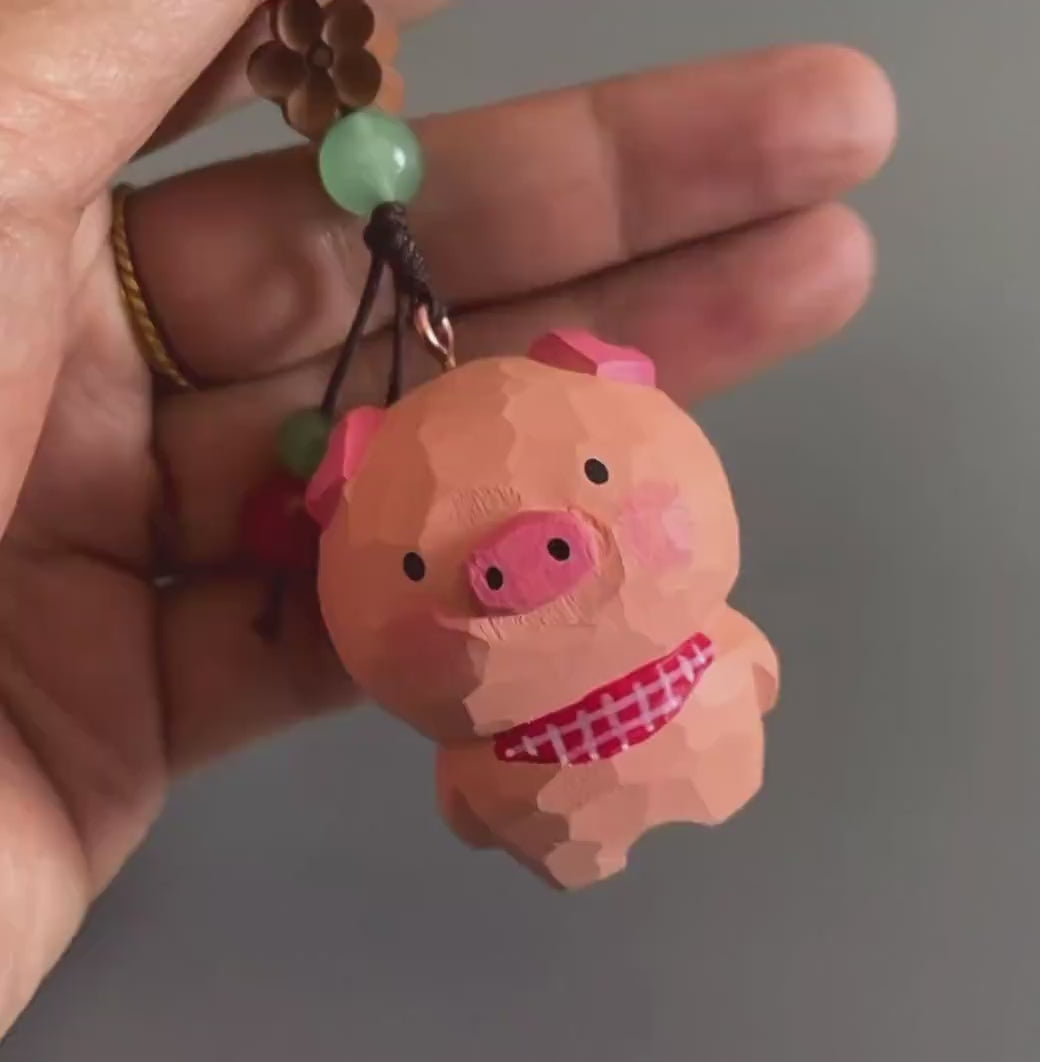 Japanese Style Hand Carved Pig Keychain, Wooden Pig Pendant, Cute Bag Charm, Lucky Pig Ornament, Hand Painted Animal Gift, Backpack Charm