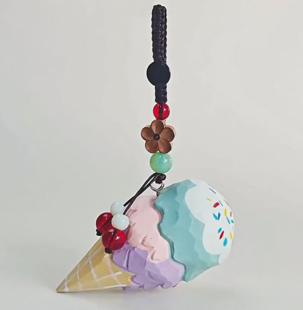 Japanese Style Ice Cream Wood Carving Keychain, Handmade Wood Ice Cream Cone Charm, Cute Dessert Bag Charm Key Ring Gift for Her