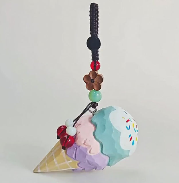 Japanese Style Ice Cream Wood Carving Keychain, Handmade Wood Ice Cream Cone Charm, Cute Dessert Bag Charm Key Ring Gift for Her