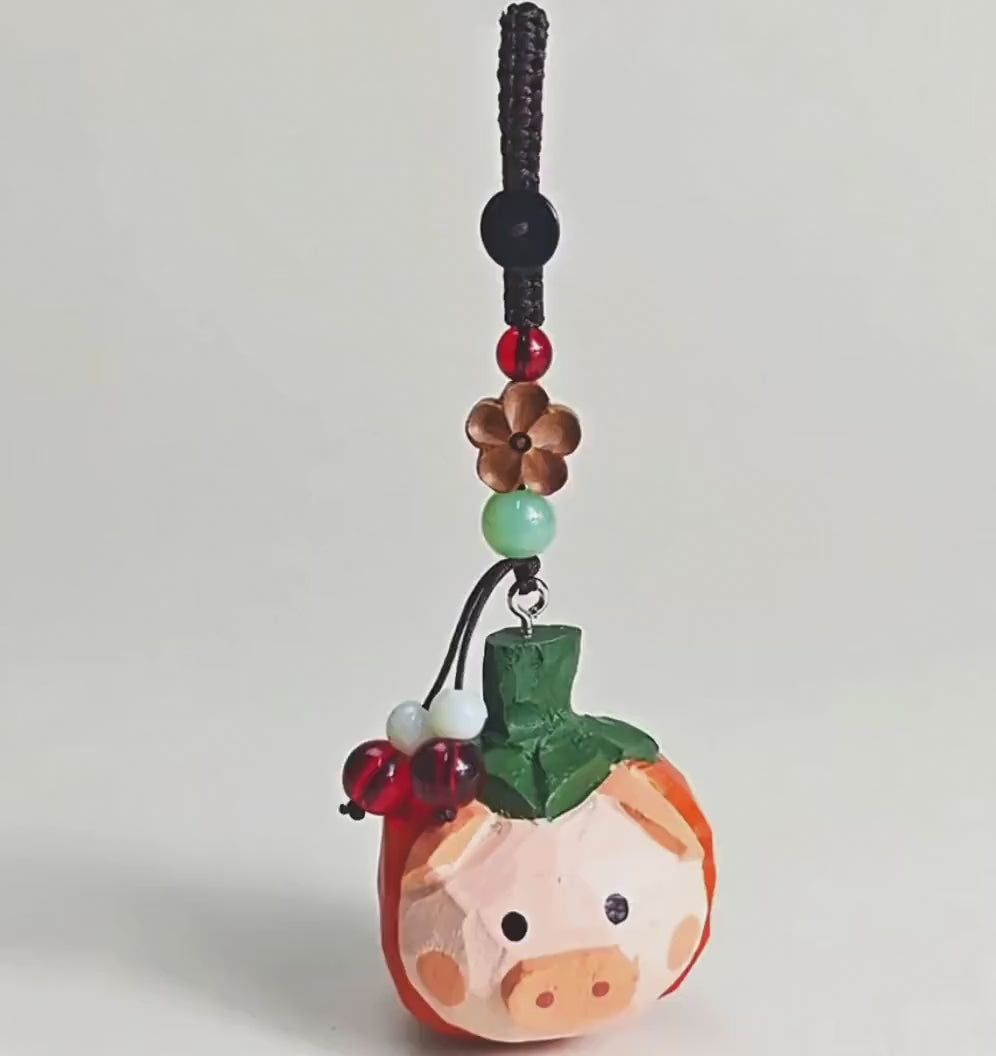 Lucky Pumpkin Pig Wooden Charm – Hand Carved Pig Keychain with Peace Bead, Cute Bag & Car Hanging Ornament