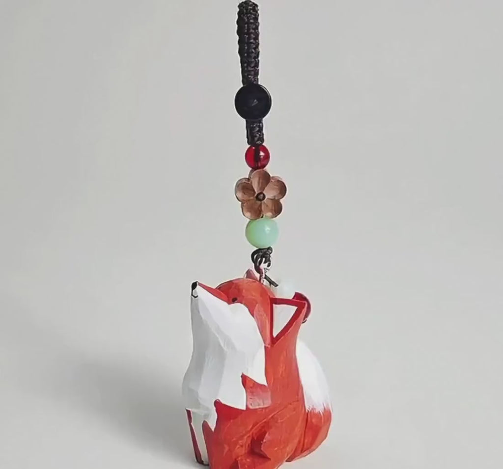 Hand Carved Wooden Fox Keychain, Minimalist Animal Bag Charm with Beaded Cord, Handmade Wood Fox Pendant for Backpack, Gift for Friends
