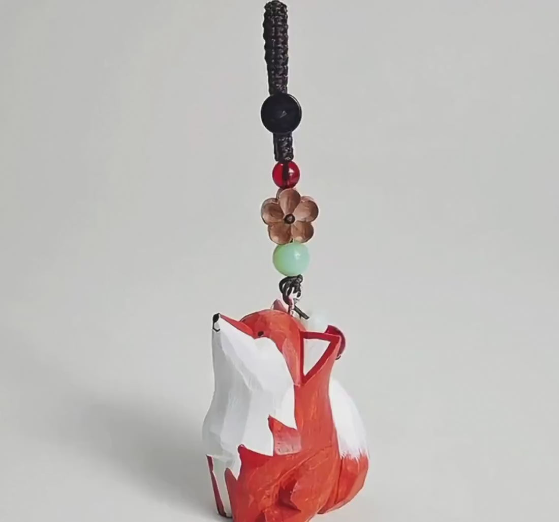 Hand Carved Wooden Fox Keychain, Minimalist Animal Bag Charm with Beaded Cord, Handmade Wood Fox Pendant for Backpack, Gift for Friends