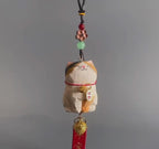 Japanese Style Lucky Cat Car Hanging Charm, Hand Carved Wooden Maneki Cat Ornament, Good Luck Rearview Mirror Decor, Bag Charm Gift