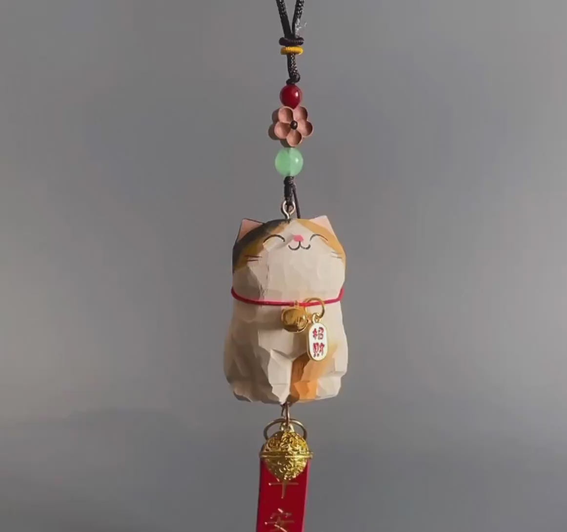Japanese Style Lucky Cat Car Hanging Charm, Hand Carved Wooden Maneki Cat Ornament, Good Luck Rearview Mirror Decor, Bag Charm Gift