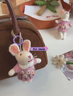 Cute Wool Felt Bunny Keychain, Handmade Rabbit Bag Charm, Floral Dress Bunny Hanging Ornament, Kawaii Animal Pendant Gift, Lucky Bunny Charm