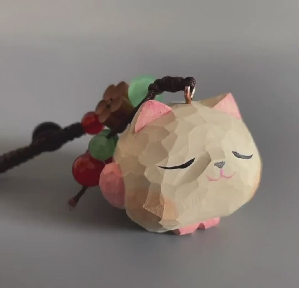 Japanese Handmade Wooden Cat Keychain, Cute Sleeping Cat Wood Carving Bag Charm, Kawaii Animal Pendant, Minimalist Pet Gift