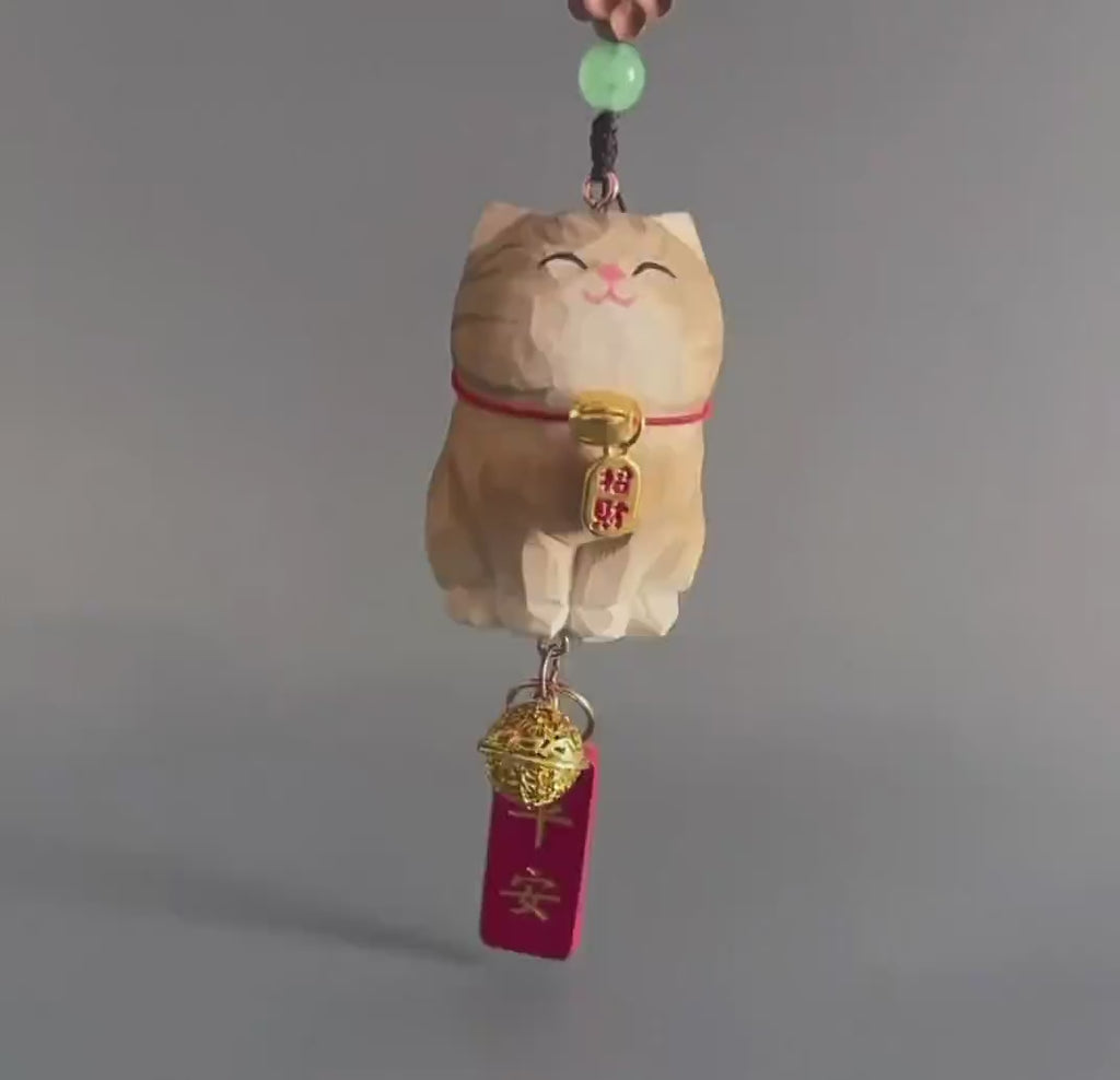Japanese Style Lucky Gold Maneki Neko Hanging Ornament, Hand Carved Wooden Cat Charm, Feng Shui Wealth Amulet, Rearview Mirror Decor Gift