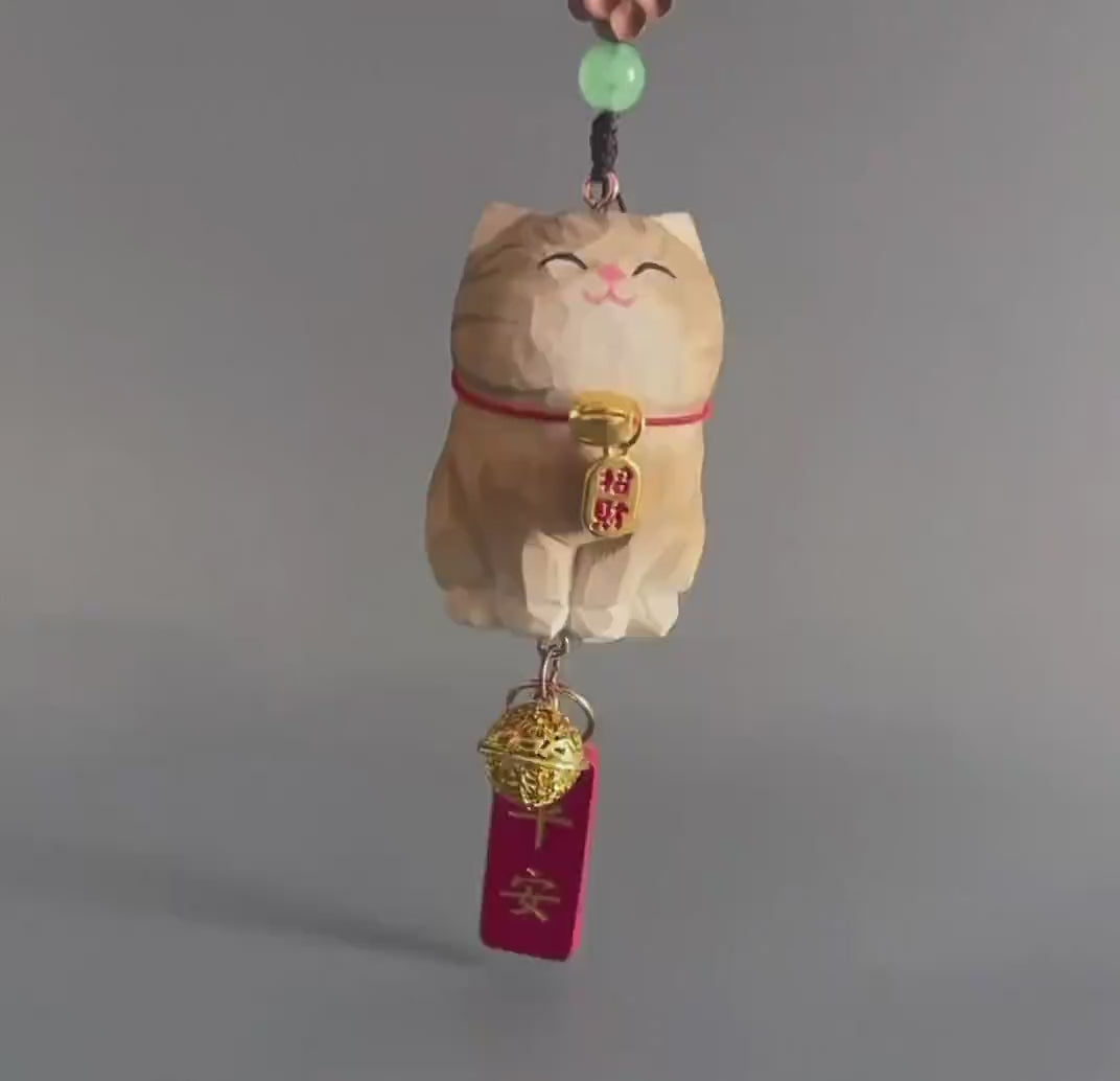 Japanese Style Lucky Gold Maneki Neko Hanging Ornament, Hand Carved Wooden Cat Charm, Feng Shui Wealth Amulet, Rearview Mirror Decor Gift