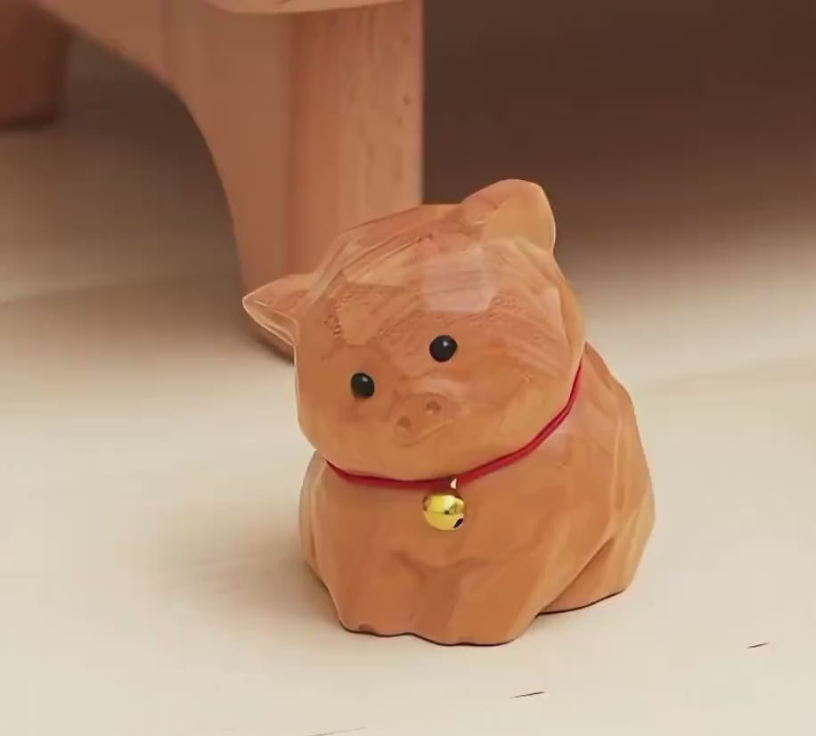 Hand Carved Wooden Pig Figurine, Cute Basswood Animal Sculpture with Bell, Desk Decor Gift