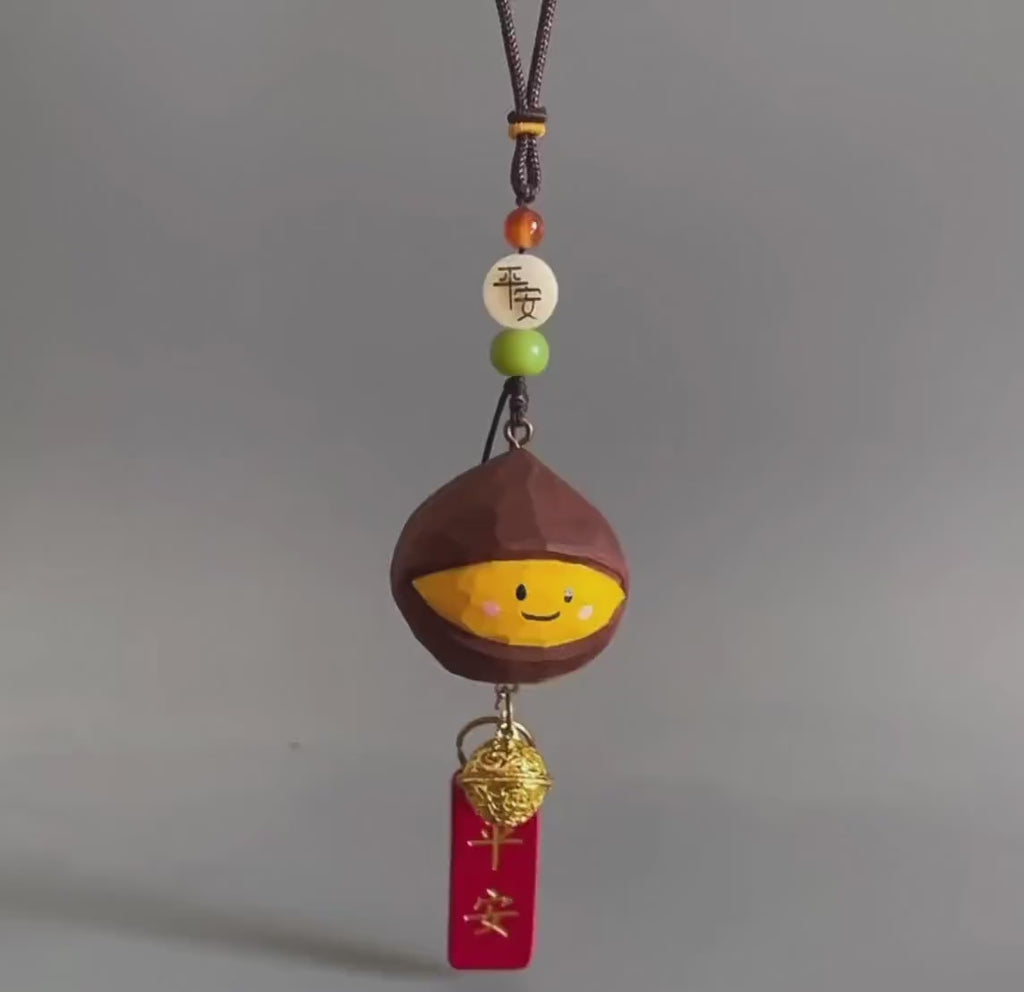 Hand Carved Lucky Chestnut Bag Charm, Wooden Rearview Mirror Hanging Ornament, Cute Keychain, Good Luck Gift, Handmade Wood Pendant